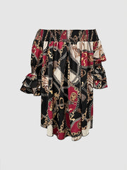 Graphic Off Shoulder Ruffle Sleeve Mini Dress