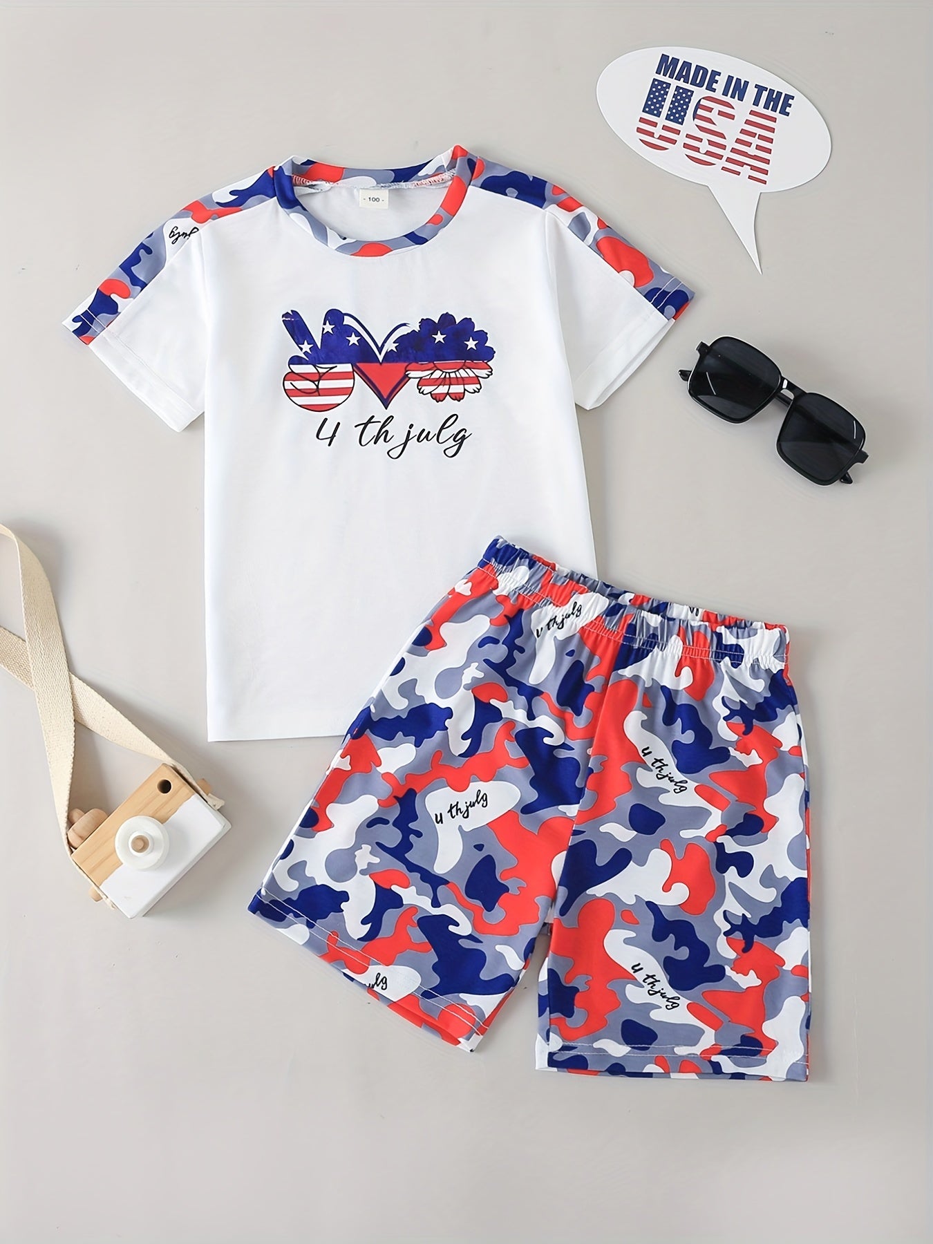 Boys Camo Cartoon Graphic T-shirt & Shorts Set