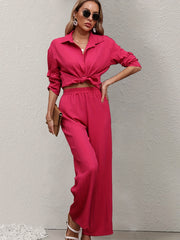 Casual Two piece Set Long Sleeve Button Up Shirt & Wide Leg Pants
