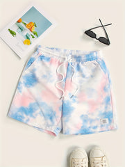 Men's Tie-Dye Beach Shorts, Drawstring Print, Size Up for Best Fit