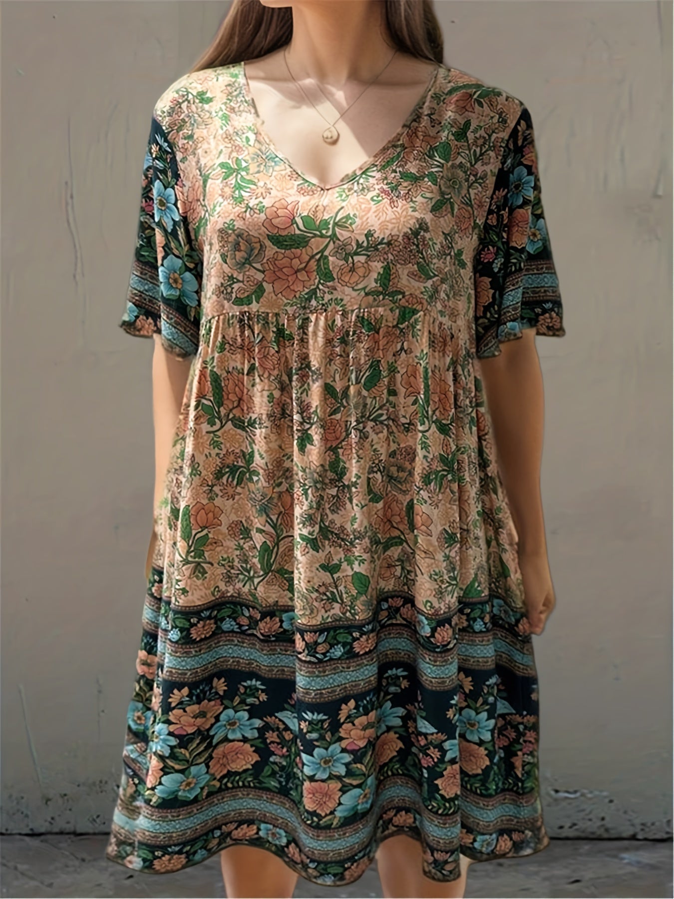 Floral Print V Neck Short Sleeve Dress for Summer