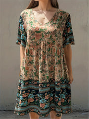 Floral Print V Neck Short Sleeve Dress for Summer