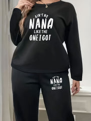 Women's Plus Slogan Print 2Pc Set Round Neck Fleece Top & Pants