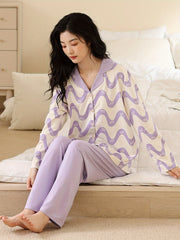 Wave Stripe Print Pajama Set Long Sleeve Button Up Top & Lounge Pants