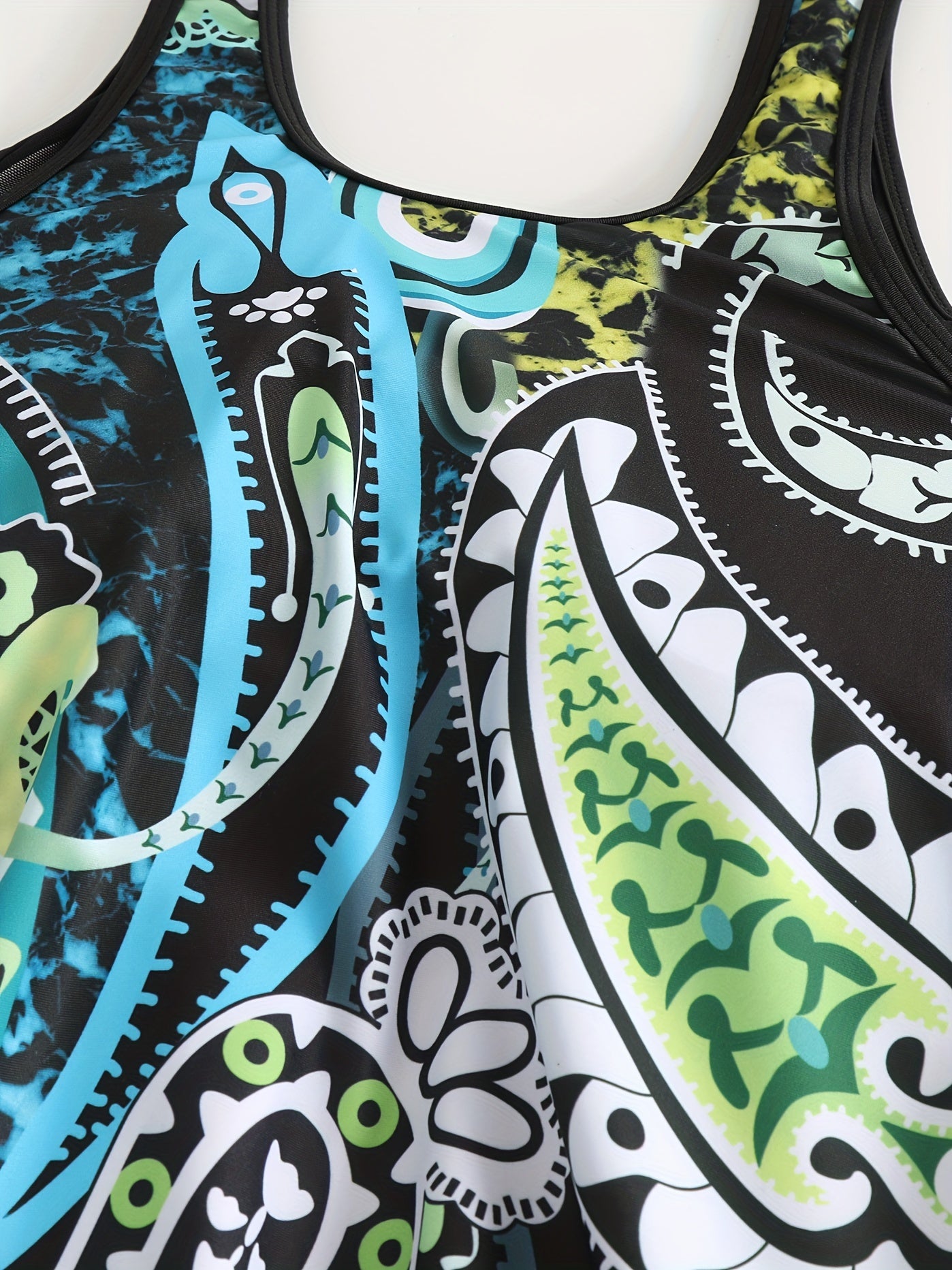 Paisley Print Mesh Tank Top & Shorts Swimsuit Set