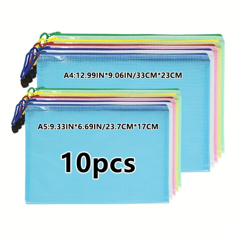 10pcs Mixed A4 & A5 Mesh Zip File Bags for School & Office Supplies
