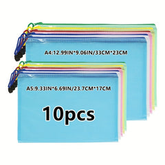 10pcs Mixed A4 & A5 Mesh Zip File Bags for School & Office Supplies