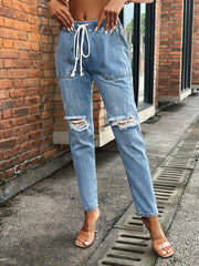 Elastic Band Distressed Denim Jeans Slim Fit Solid