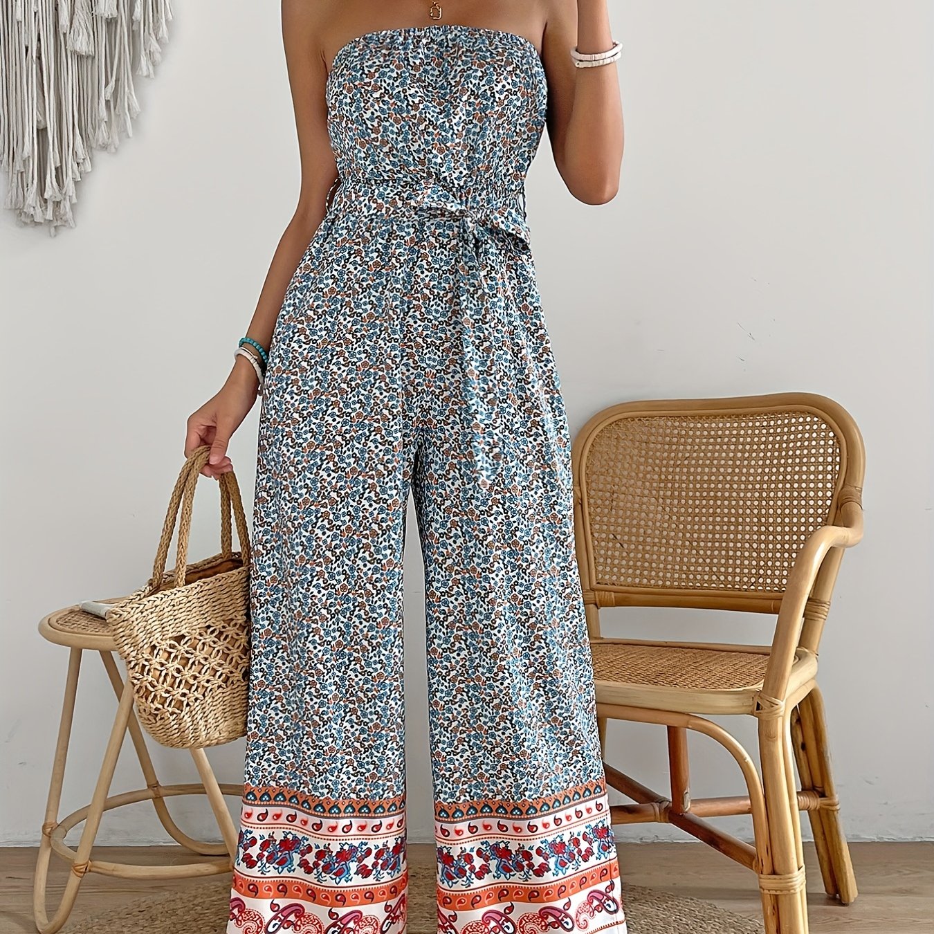 Boho Wide Leg Jumpsuit Sleeveless Tie Waist Tube Jumpsuit