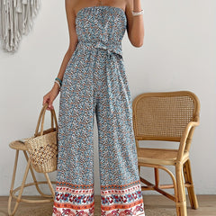 Boho Wide Leg Jumpsuit Sleeveless Tie Waist Tube Jumpsuit