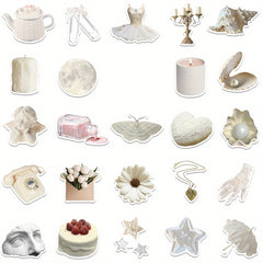 50pcs Vintage Romantic Cartoon Stickers with Floral Clocks Pearls & Statu