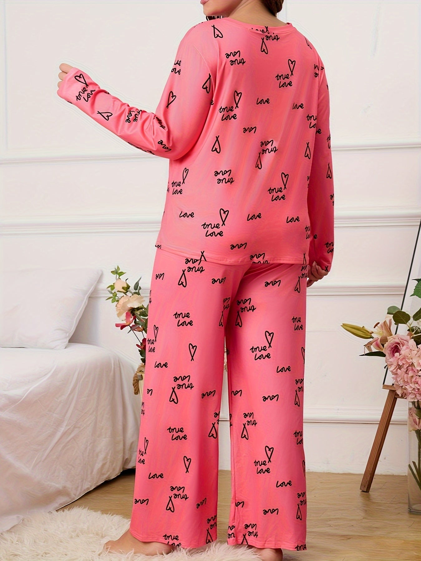 Heart Print Pajama Set Round Neck Top & Pants Two Piece Set