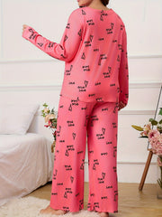Heart Print Pajama Set Round Neck Top & Pants Two Piece Set