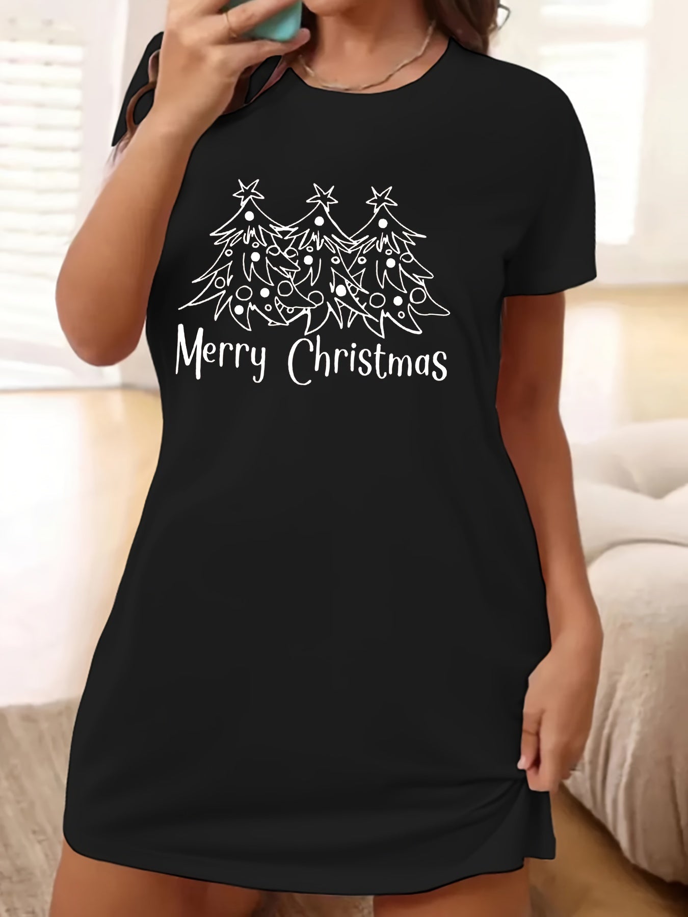 Christmas Casual Dress Women's Plus Slogan & Tree Print Tee Dress