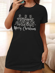 Christmas Casual Dress Women's Plus Slogan & Tree Print Tee Dress