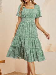 Heart Print Midi Dress Square Neck Drop Shoulder A Line Dress