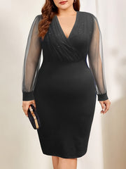Contrast Mesh Long Sleeve V Neck Midi Dress