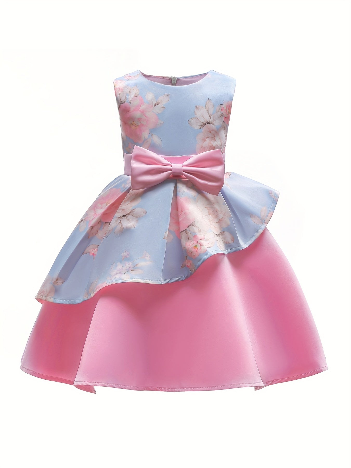 Girls Sleeveless Flowers Graphic Bow Princess Dress Gown