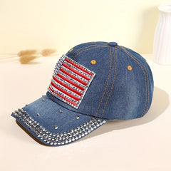 Flag Patch Baseball Cap Rhinestone Denim Washed Distressed Dad Hat