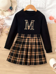 2pcs Letter Plaid Print Top & Skirt Set