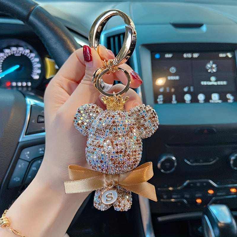 Rhinestone Big Bear Keychain with Bow Cartoon Keychain for Women