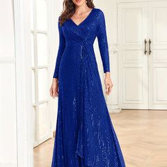 Sequined Twist Front Dress Long Sleeve V Neck Dress
