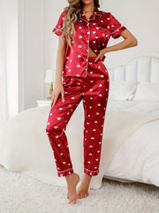 Heart Print Satin Pajama Set Short Sleeve Top & Long Pants Women's Loungewear