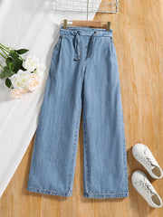 Kid Girls' Tie Waist Wide Leg Denim Trousers for Outwear