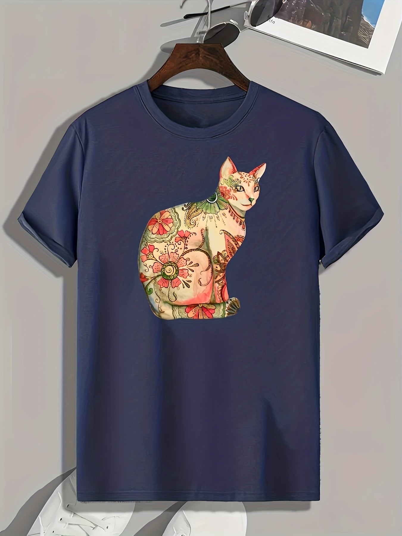 Colorful Cat Flowers Print Men's Graphic Tee Casual Comfy Summer Shirt