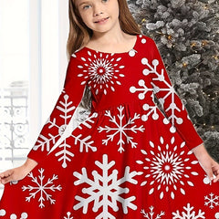Snowy Reindeer Long Sleeve Dress Kids Spring Fall Christmas Gift