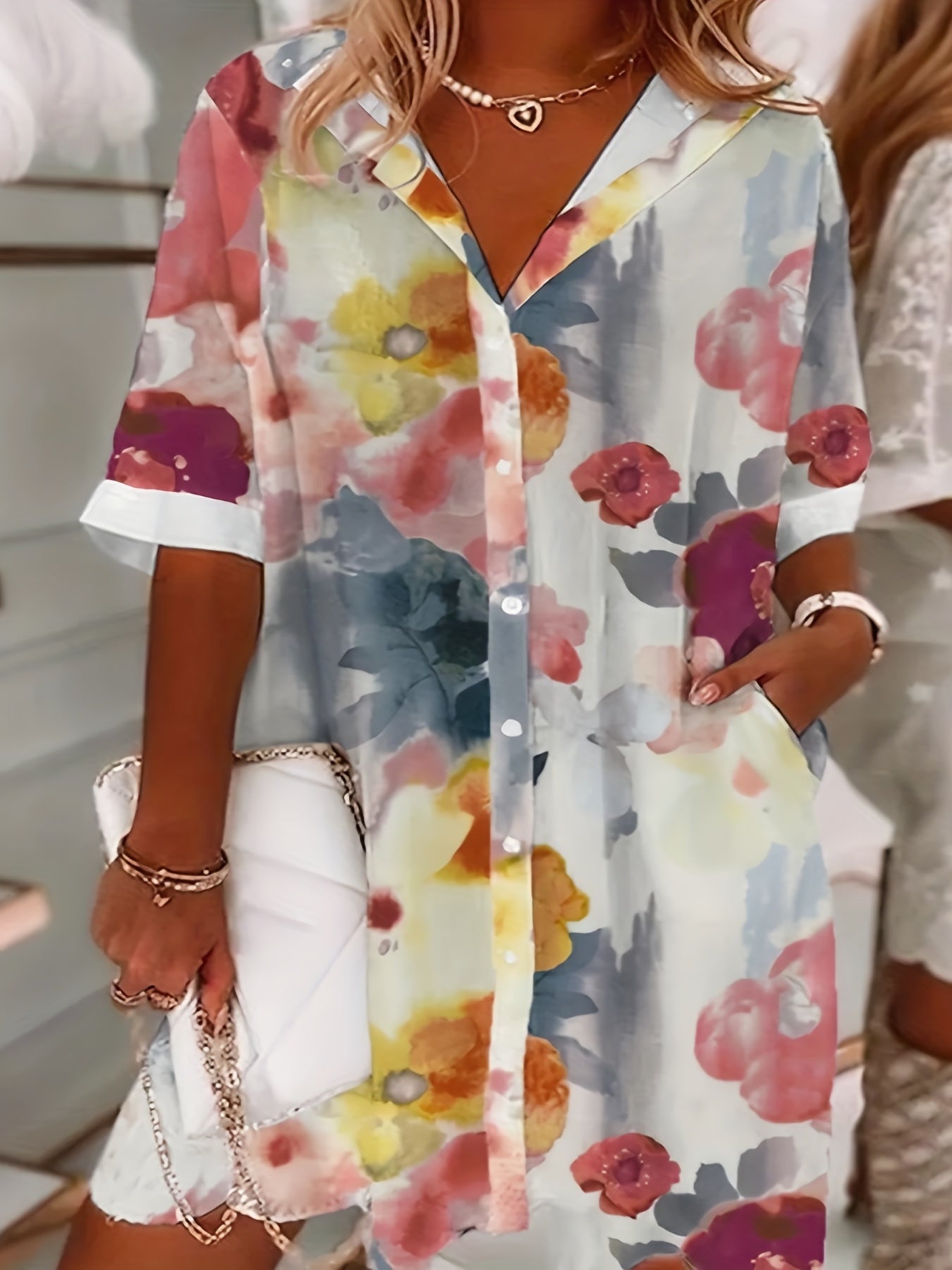 Women's Floral Half Sleeve Polo Neck Blouse