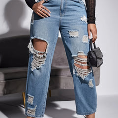 Solid Ripped High Rise Wide Leg Jeans