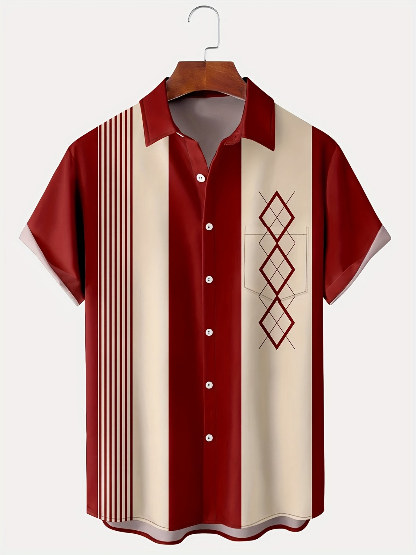 Vintage Geometric Print Men's Short Sleeve Shirt with Chest Pocket