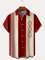 Vintage Geometric Print Men's Short Sleeve Shirt with Chest Pocket