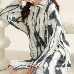 Striped Print NightDress Long Sleeve V Neck Pajama Dress