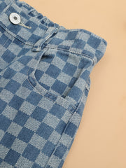 Kid Girls Plaid Elastic High Waist Jeans Straight Wide Leg Loose Denim Pants