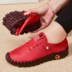 Women's Lace-Up Flat Sneakers Round Toe Faux Leather Casual Walking Shoes