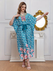 Baroque & Floral Print V-Neck Maxi Dress