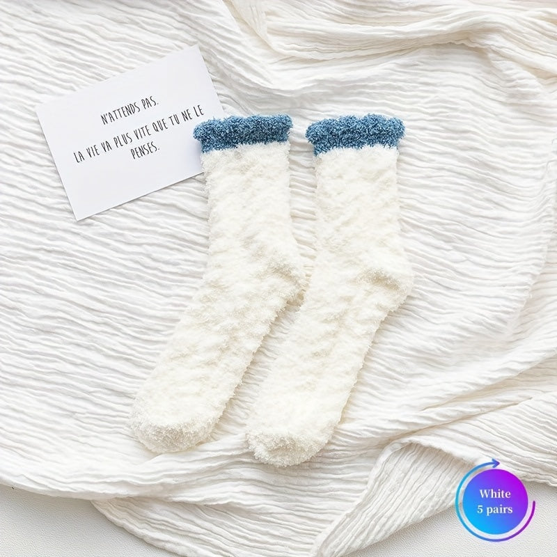 5 Pairs Colorblock Fuzzy Socks Warm Mid Tube Women's Stockings