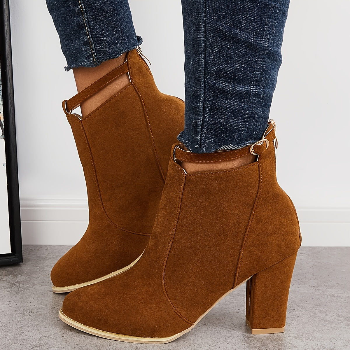 Women's Chunky High Heel Ankle Boots Pointed Toe Buckle Strap Back Zipper Shoes