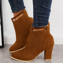 Women's Chunky High Heel Ankle Boots Pointed Toe Buckle Strap Back Zipper Shoes