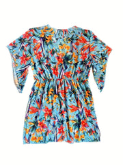 Tropical Print Cover Up Drawstring V Neck