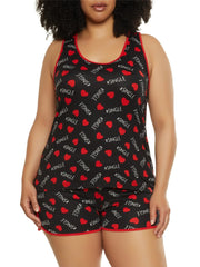Women's Plus Heart & Letter Print Tank Top & Shorts Set