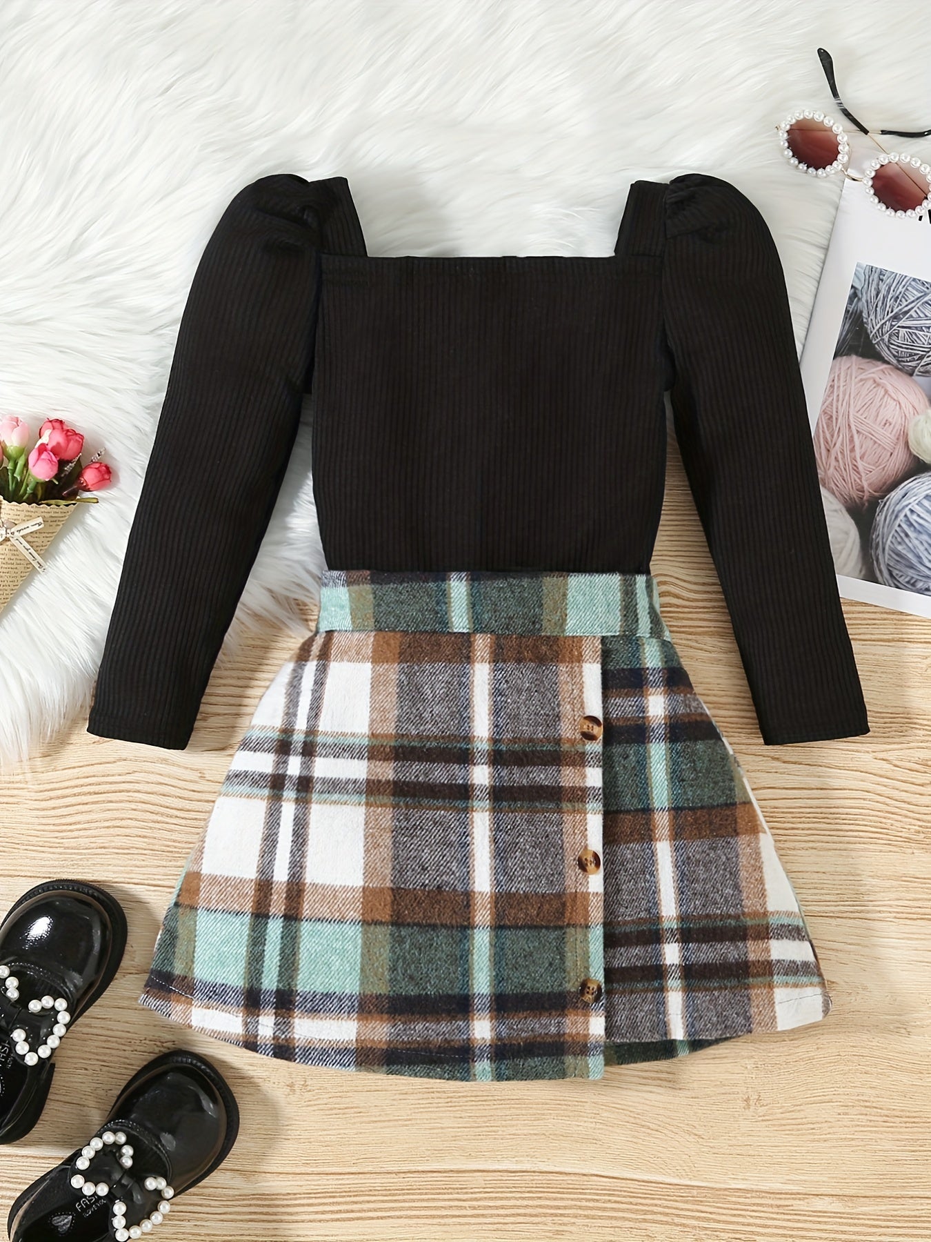 Girls Square Neck Top & Red Plaid Skirt Set Spring Fall