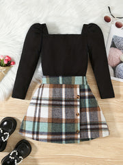 Girls Square Neck Top & Red Plaid Skirt Set Spring Fall
