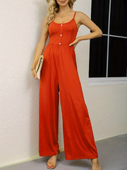 Casual Solid Button Spaghetti Jumpsuit Sleeveless Wide Leg Loose Waist Jumpsuit