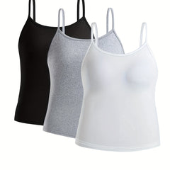 3 Pack Plus Size Sexy Cami Top Set Women's Plus Solid Round Neck Medium Stretch