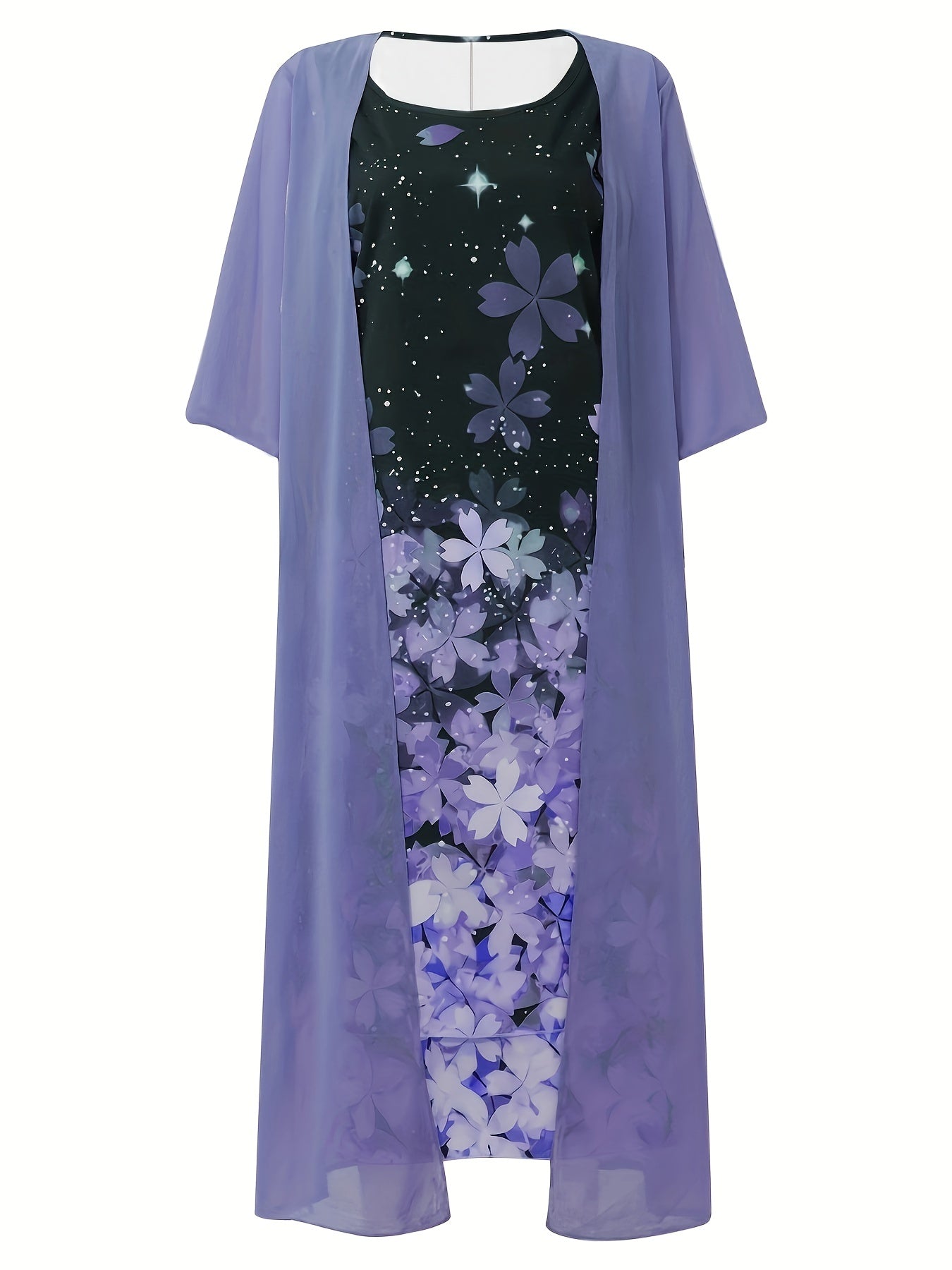 Solid Open Front Coat & Floral Print Tank Dress Set