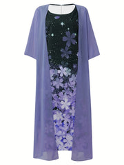 Solid Open Front Coat & Floral Print Tank Dress Set