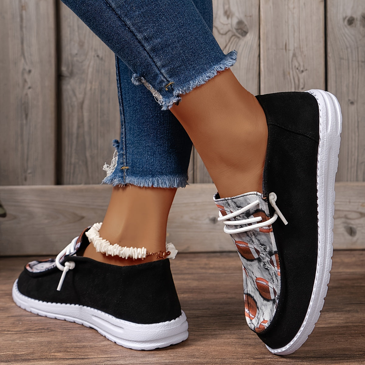 Women's Blocking Rugby Pattern Flat Shoes Casual Lightweight Soft Walking Shoes